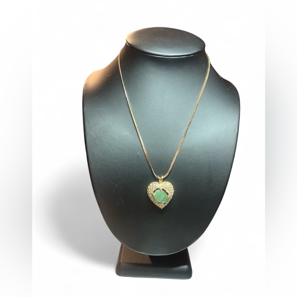 Green Gemstone Pendant Necklace Gold Tone Heart Crystal Cocktail Vintage 17"